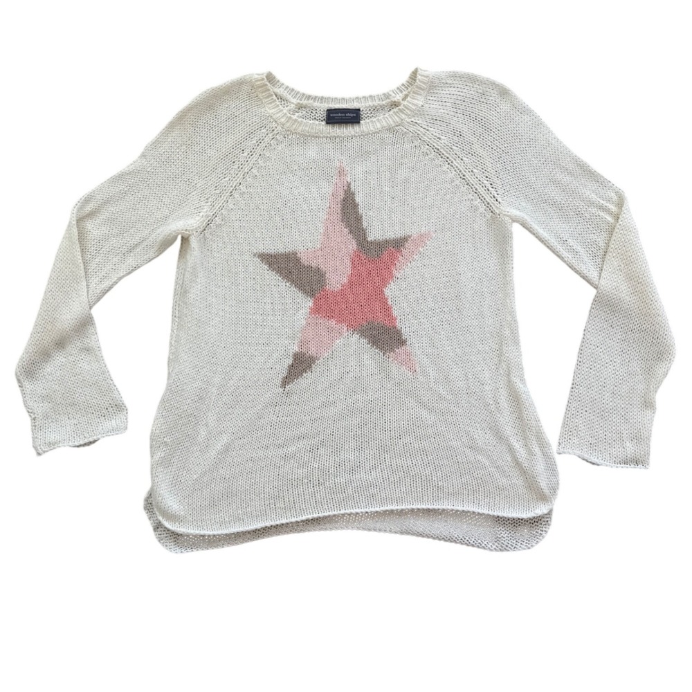 Wooden Ships Paola Buendia Camo Star Knit Sweater White Pink M/L Raglan Cotton